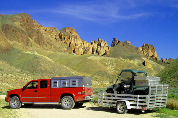 Our new chukar rig includes a Yamaha Rhino which can handle the offroad needs of winter hunting in this sport's remote areas.  This "little rig" makes every hunt a new adventure, as the ability to travel all the backcountry haunts much more reliable.