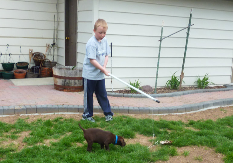 Hunter Farris doing some puppy training at Grandpa Bob's.  This apple didn't fall far from the family tree.