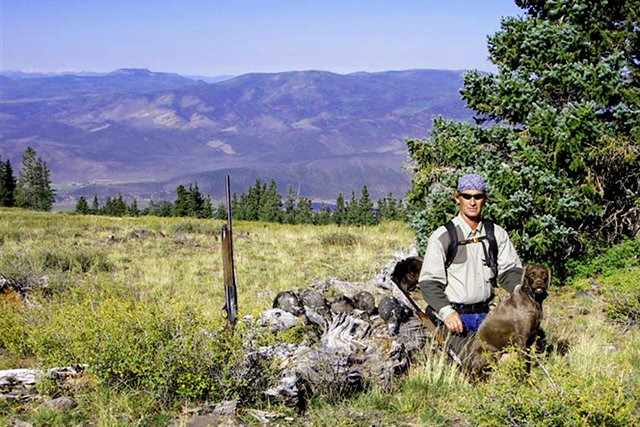 Cedarwoods Image of Boca (aka Page) and Paul Anderson with a limit of blue grouse in Utah.  Page is a NAVHDA Prize I Natural Ability performer out of VC Cedarwoods Man O War and Cedarwoods Northern Star.  Page has one of the best noses we have seen to date on any dog, winding chukar at extremelly long distance before any bracemate she has hunted with.