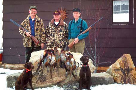 Cedarwoods Dusty Rose and Cedarwoods Blaze following a day of guiding on a preserve hunt.    Shooting roosters that are pen raised is still a treat when done over dogs that honor each other and are steady to wing, shot, and fall.